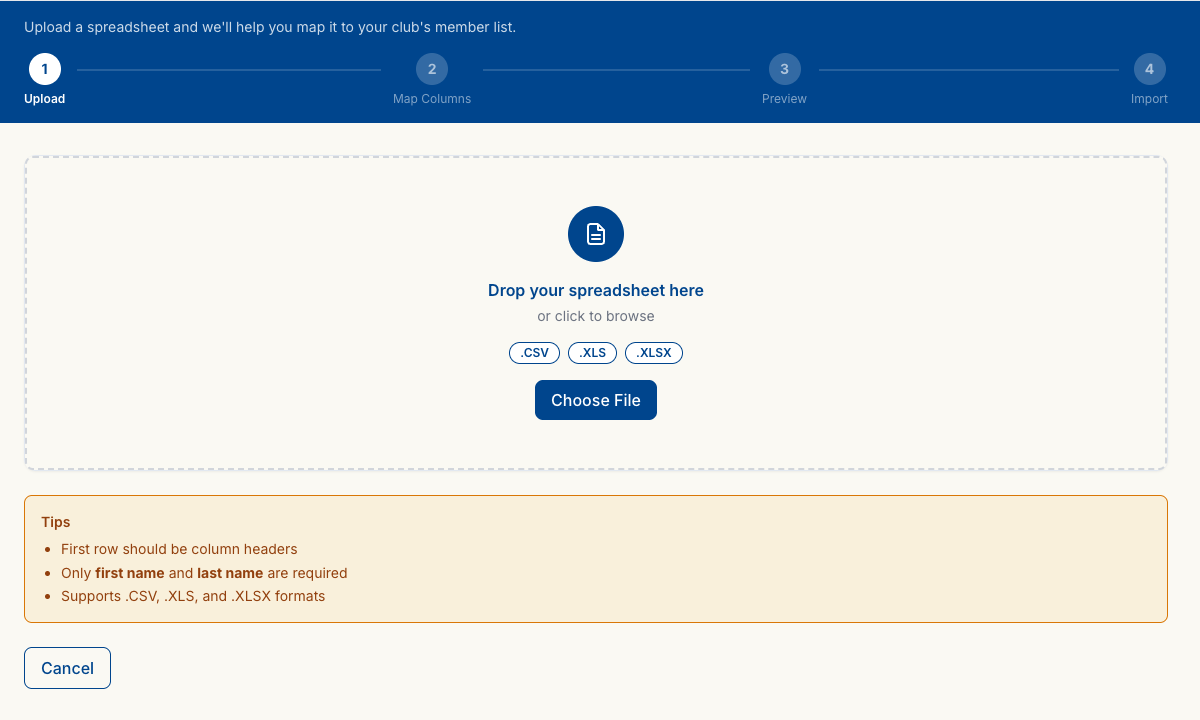 The CSV import upload screen showing a drop zone for CSV, XLS, or XLSX files with tips about column headers and required fields.