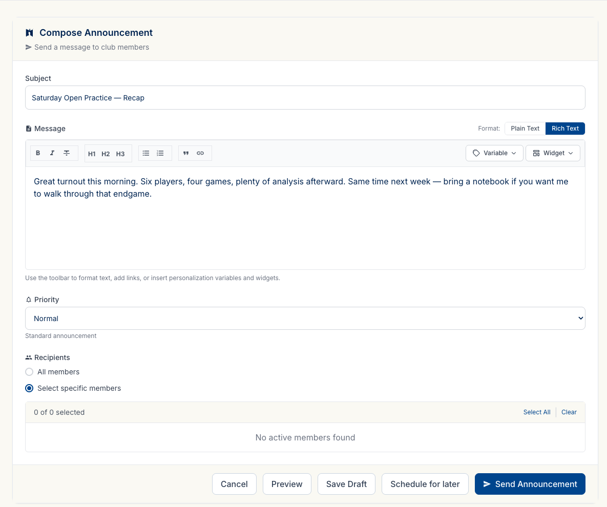 The audience selector showing two options: All members selected by default, and Select specific members below it with an expanded checkbox picker showing member names, a Select All button, a Clear button, and a count.