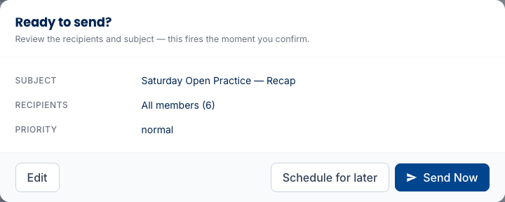 The Confirmation dialog titled 'Ready to send?' summarizing Subject, Recipients count, and Priority, with Send Now and Schedule for later buttons.