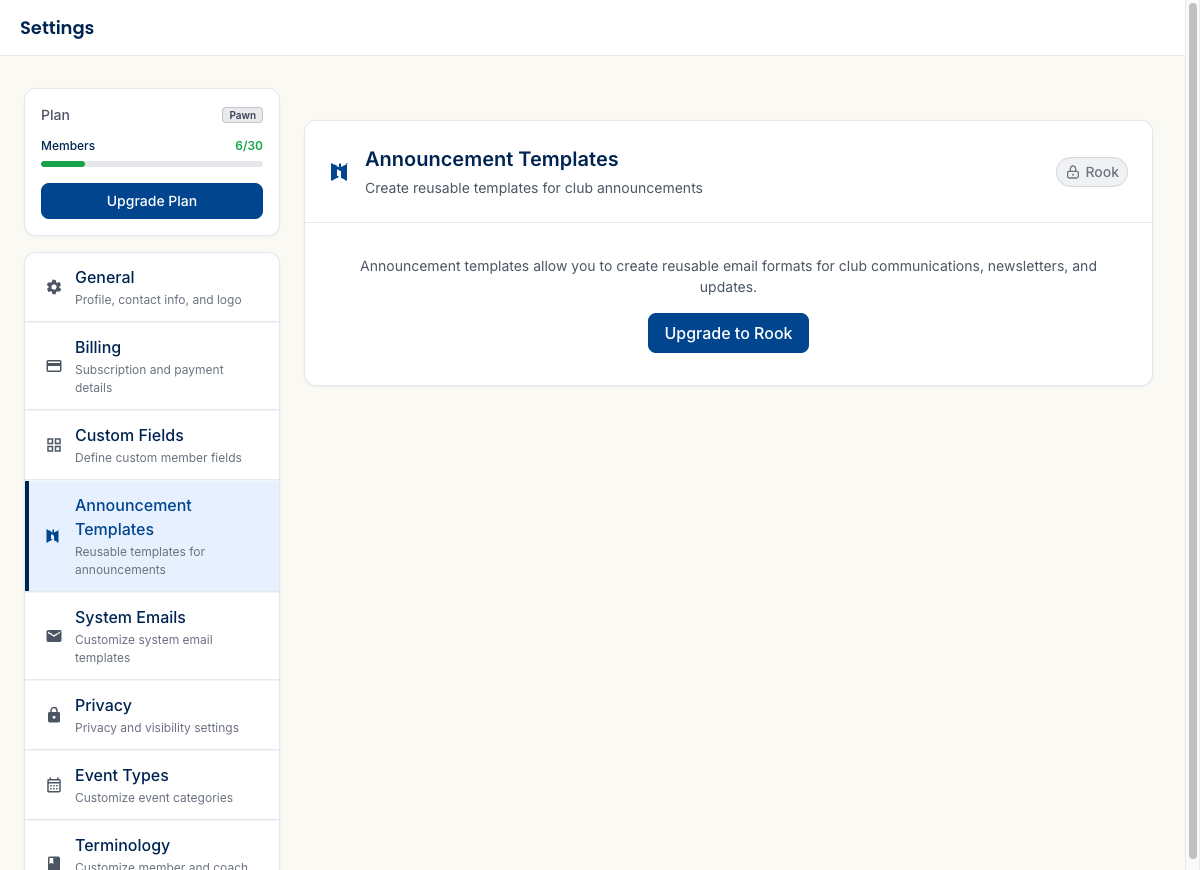 The Announcement Templates settings page in a locked state, showing an 'Upgrade to Rook' CTA and description text.