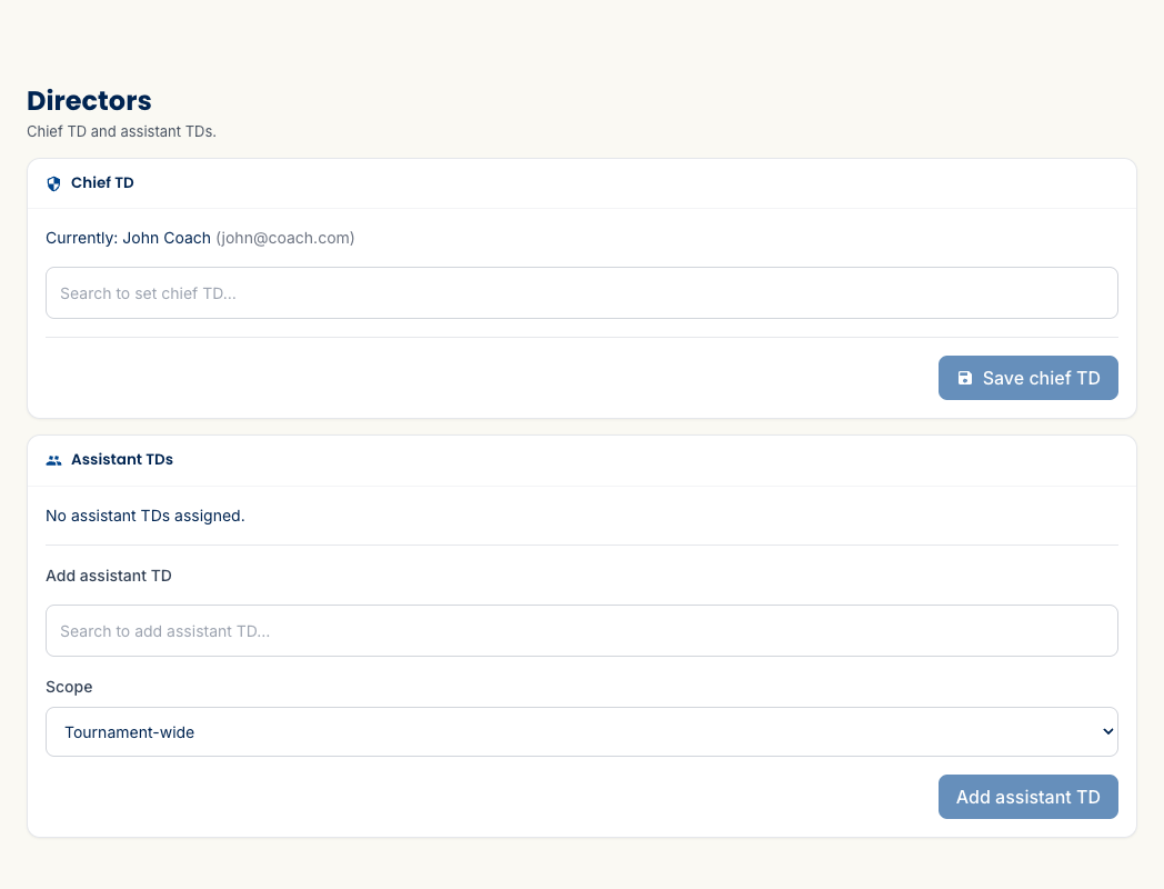 The Directors settings page with the chief TD listed and a typeahead to add an assistant director, with a section-scope selector.