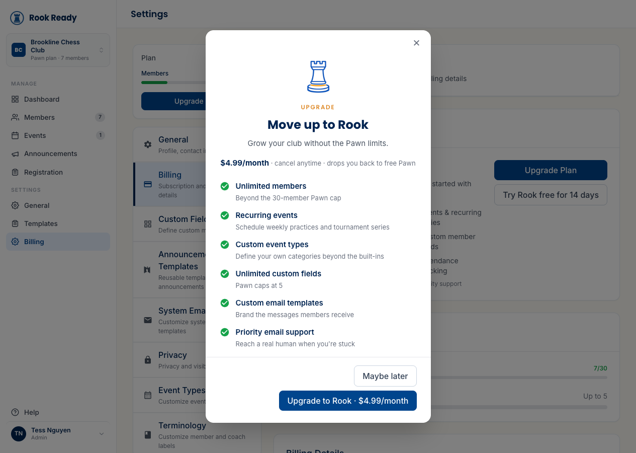 The 'Move up to Rook' modal showing Rook tier benefits and the $4.99/month price.