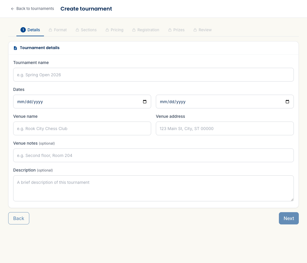 The tournament build wizard on the Details step, with name and date fields and the seven steps listed across the top.