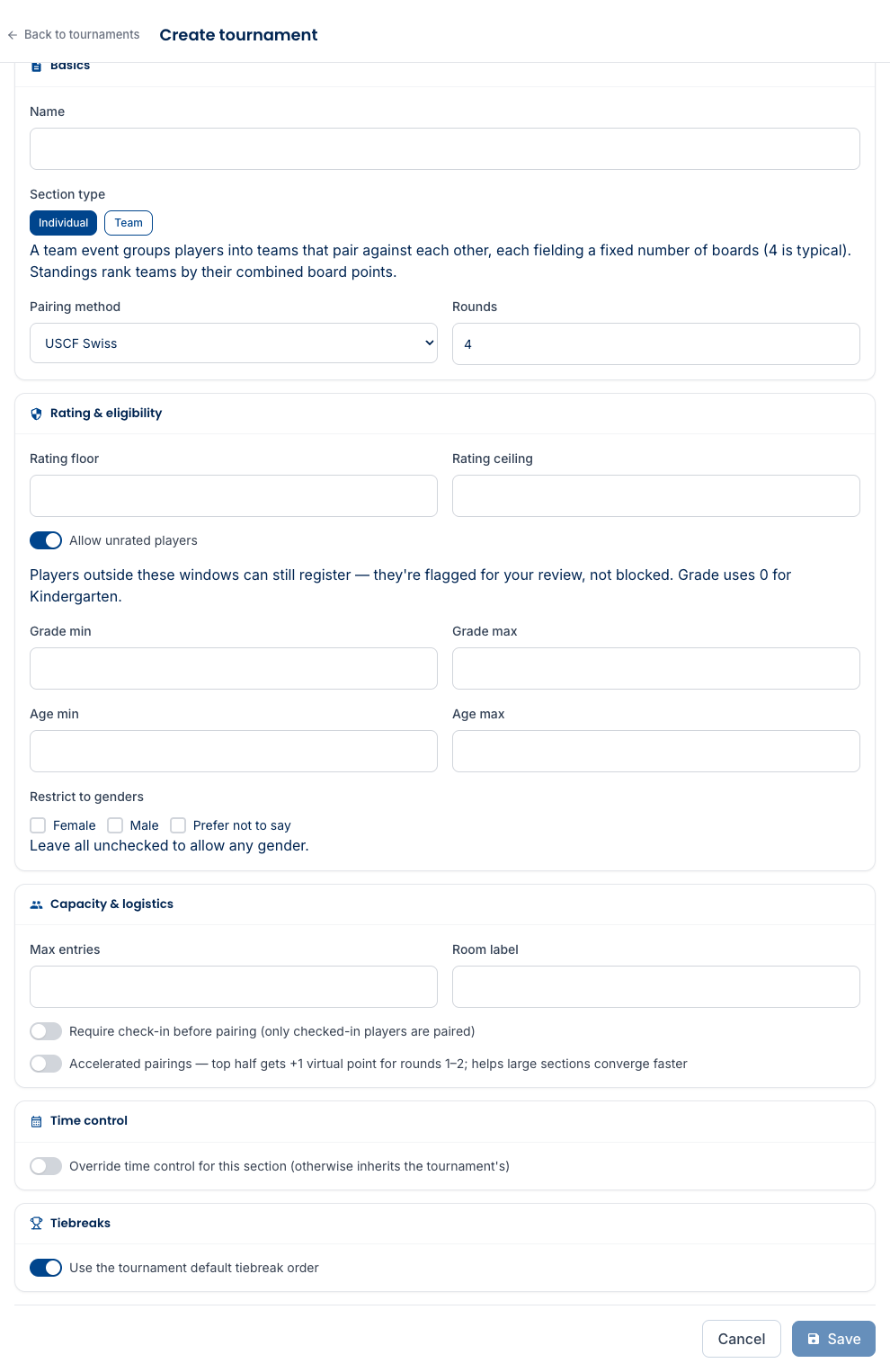 The section form — Basics (name, Individual/Team, pairing, rounds), Rating & eligibility (rating floor/ceiling, allow unrated, grade/age/gender windows), Capacity & logistics (max entries, room, check-in, accelerated pairings), and time-control and tiebreak overrides.