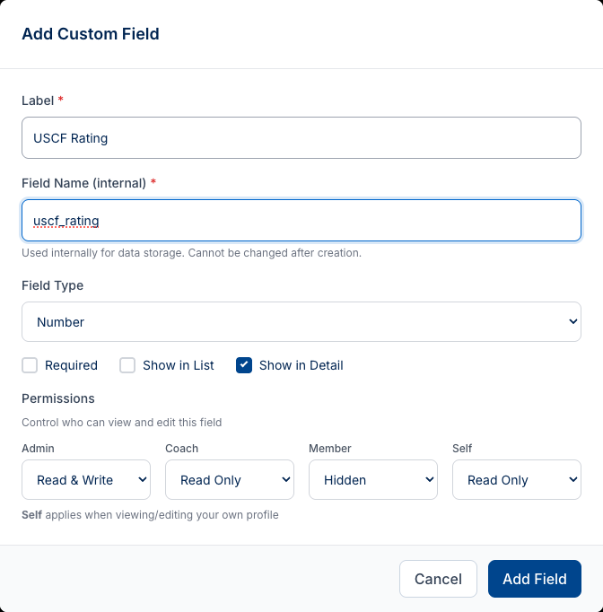 The right-side slide-in panel for creating a custom field, filled with the USCF Rating example — showing Label, Field Name, Field Type, and the permissions grid.