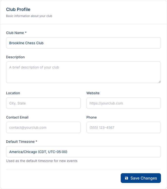 The General settings page showing the Club Profile section with the club name, description, location, contact email, and timezone fields.
