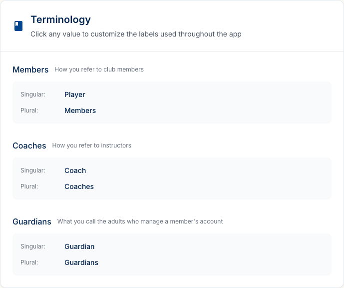 The Terminology settings page showing singular and plural fields for Members, Coaches, and Guardians, with Member singular overridden to 'Player'.