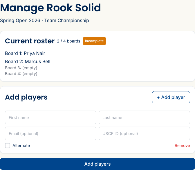 The team management page showing the current roster by board with a form to add another player.