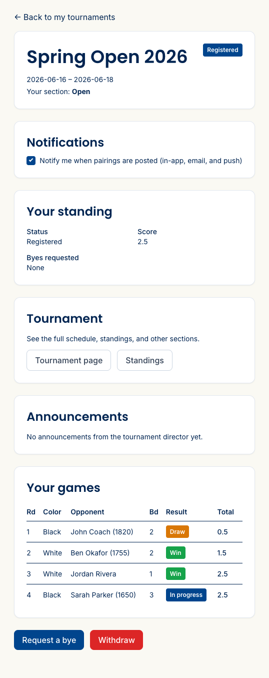 A player's tournament entry page showing their section, their games by round, and a link to the section standings.