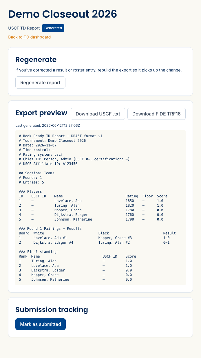 The generated USCF TD report — status Generated, an export preview listing players, round pairings and results, and final standings, with Download USCF .txt and FIDE TRF16 buttons.