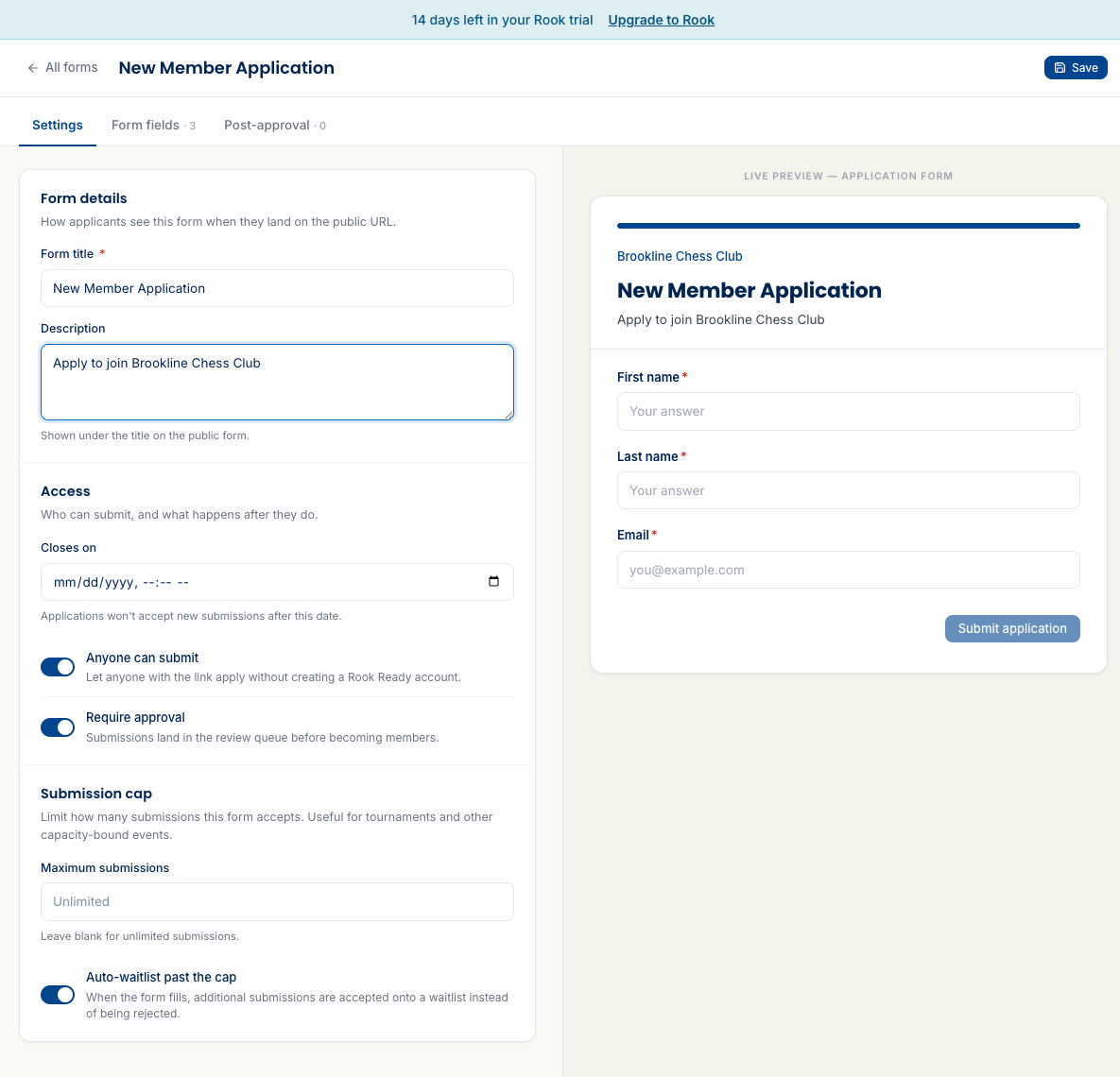 The Settings tab of the form builder showing fields for form title, description, access controls, and submission cap.