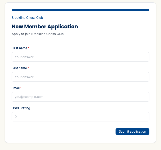 The public-facing registration form showing the club name at the top, form title as H1, description, fields, and a Submit application button — no app navigation visible.