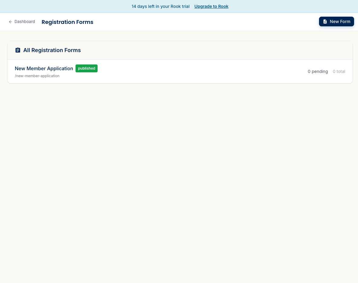 The Registration Forms list view showing one published form with a 'Published' status badge and its slug visible.