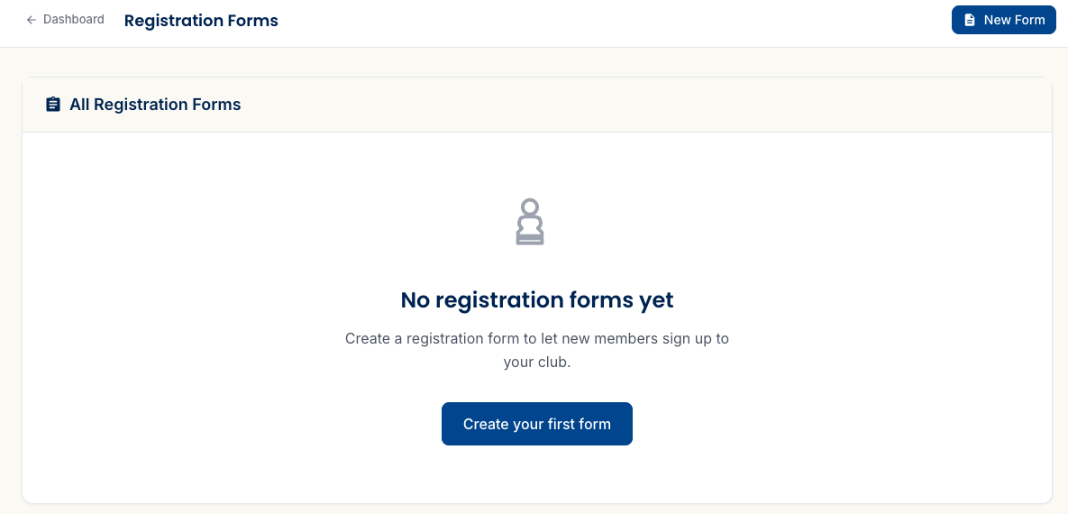 The empty Registration Forms list page after unlocking the Rook trial, showing a '+ New form' button and no forms yet.