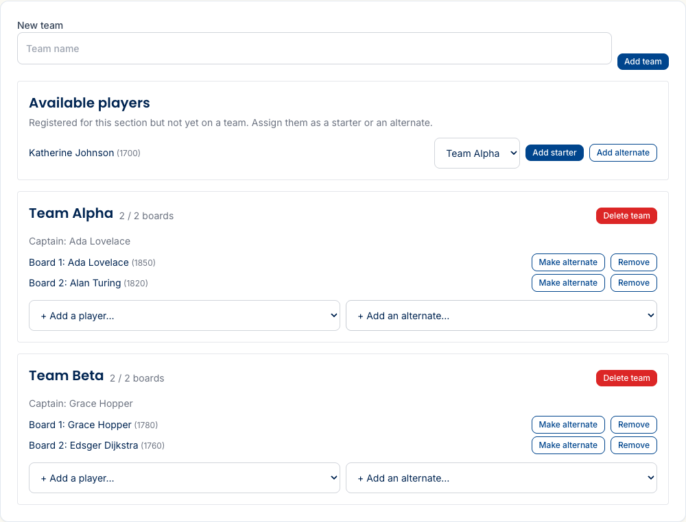 The Teams tab — an Available players pool listing a rated free agent with a team selector and Add as starter / Add as alternate buttons, beside two formed teams with their board lineups.