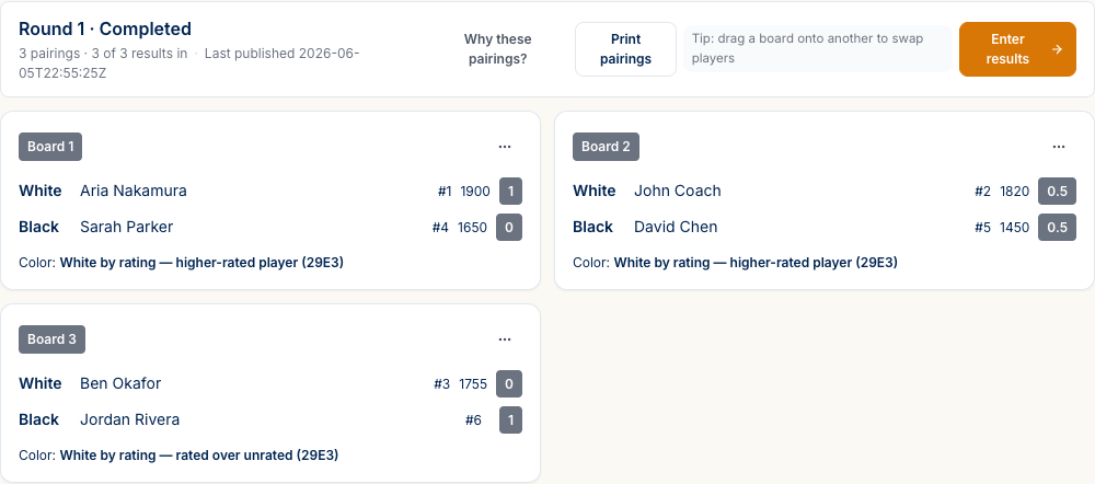 Round 1 pairings for the Open section — boards showing White and Black players with ratings, each annotated in plain English with the color rule applied.