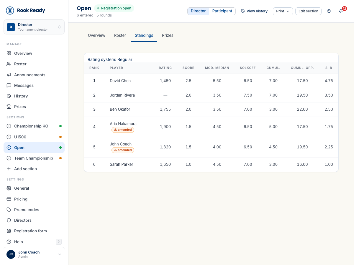 A section Standings tab — the rating system labelled Regular at the top, columns for rank, player, rating, score, and the five tie-breaks, and an amended badge beside two players whose results were corrected.