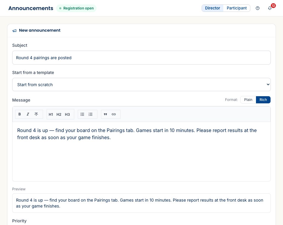 The New announcement composer — a Subject field reading Round 4 pairings are posted, a Start-from-a-template dropdown, a rich Message editor with a Plain/Rich toggle and a formatting toolbar, and a live Preview of the message.