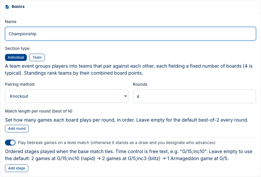 The section form's Basics panel with a Pairing method dropdown set to Knockout and Rounds beside it, and below it the knockout-only fields — match length per round and the tiebreak-ladder toggle.