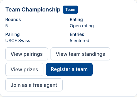 A team section on the public tournament page showing Register a team and Join as a free agent options alongside the section details.