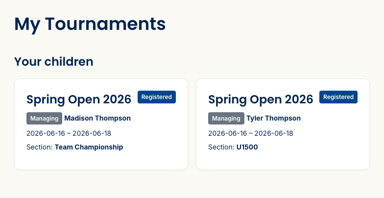 The My tournaments page showing a parent's children grouped under Your children, each card tagged Managing with the child's name and section.