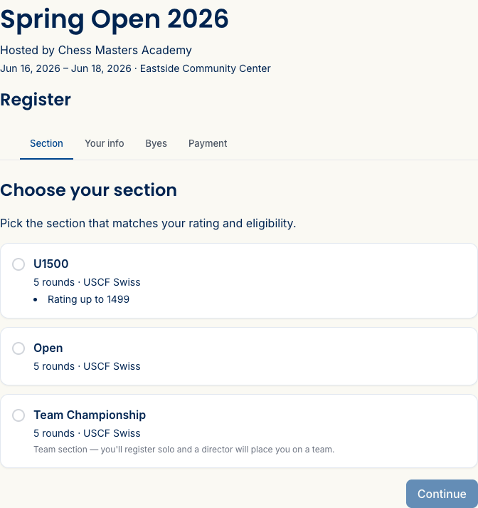 The public registration page for a tournament, on the Choose your section step, listing the available sections with their rating limits.