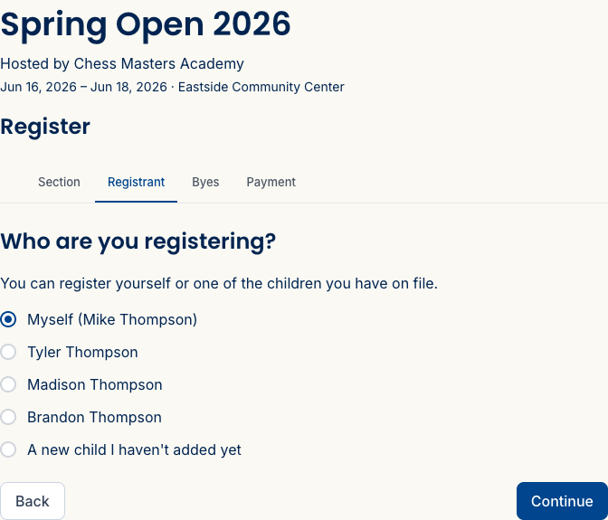 The registrant picker step showing a parent's three children as selectable options alongside Myself and an add-a-new-child option.