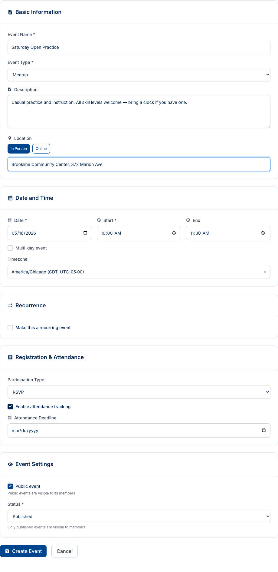 The full create event form filled out showing all sections: Basic Information, Date and Time, Recurrence, Registration and Attendance, and Event Settings.