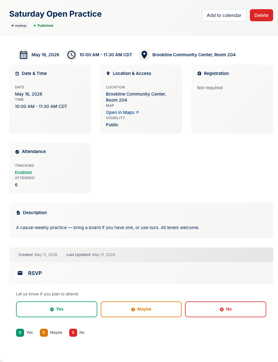 The event detail page for 'Saturday Open Practice' showing the title, type badge, status badge, summary cards (Date & Time, Location & Access, Registration, Attendance), the description, and the RSVP section with Yes/Maybe/No buttons.