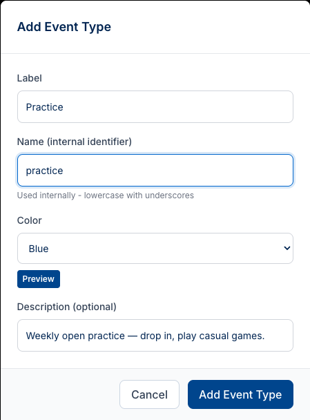 The Add Event Type form filled out with Label and Name fields and a Color dropdown.
