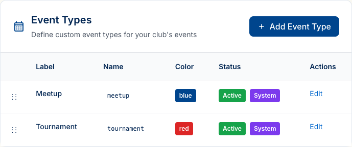 The Event Types settings page listing Meetup (blue) and Tournament (red), both marked as System.