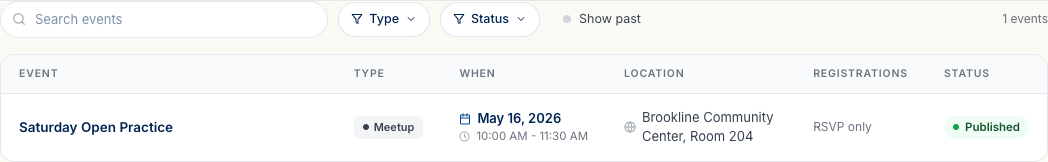 The Events list showing 'Saturday Open Practice' with its blue Meetup badge and Published status.