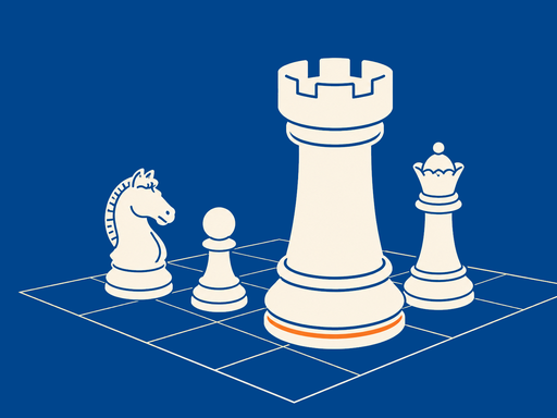 Chess pieces — a knight, a king with a crown, a queen, and a pawn — arranged on a partial board.